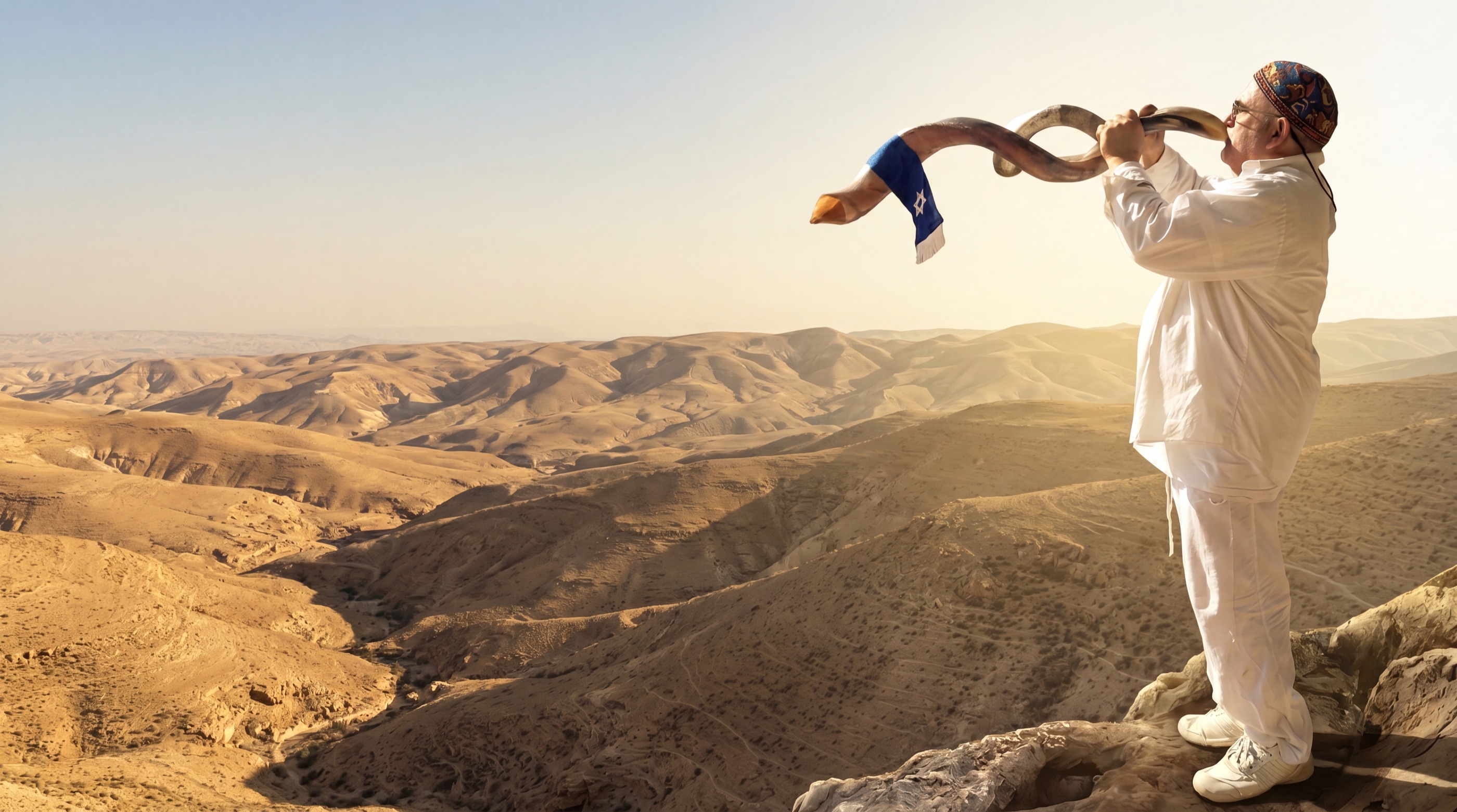 Robert Weinger sounding the shofar over the Judean hills toward Jerusalem