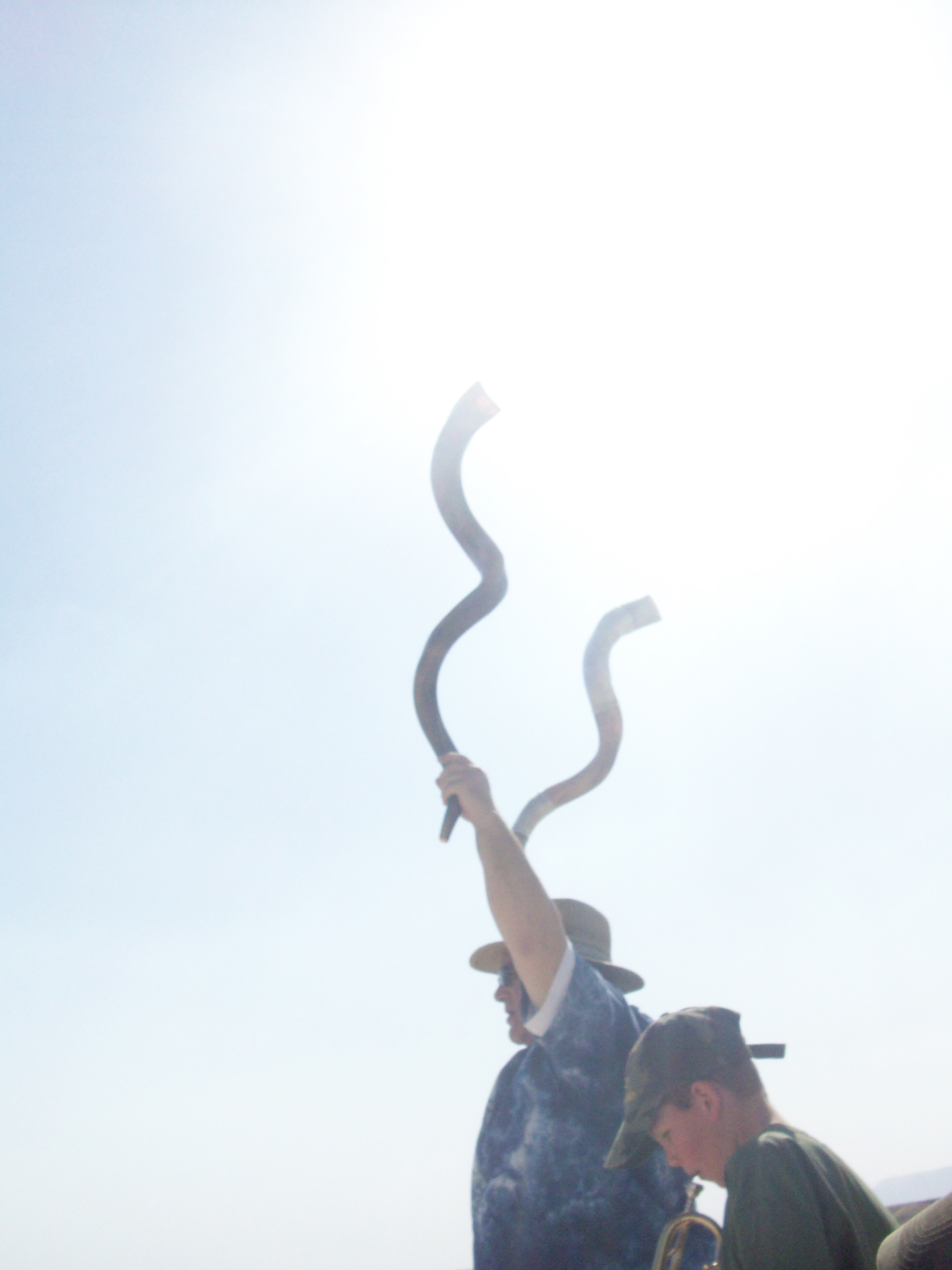 Robert Weinger raising two massive Yemenite shofarot to the sky over the desert landscape