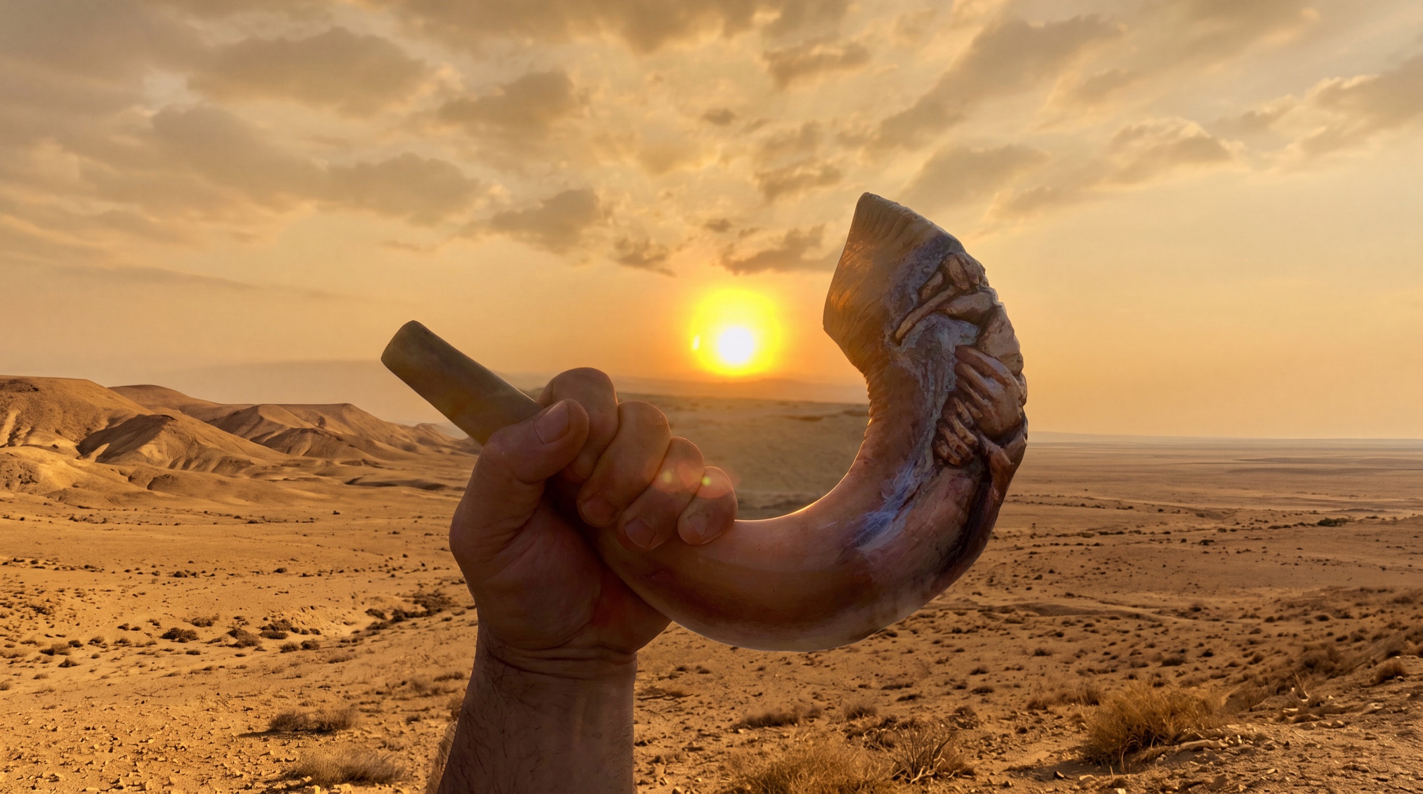 A hand lifting a shofar against the desert sunset over the Judean wilderness