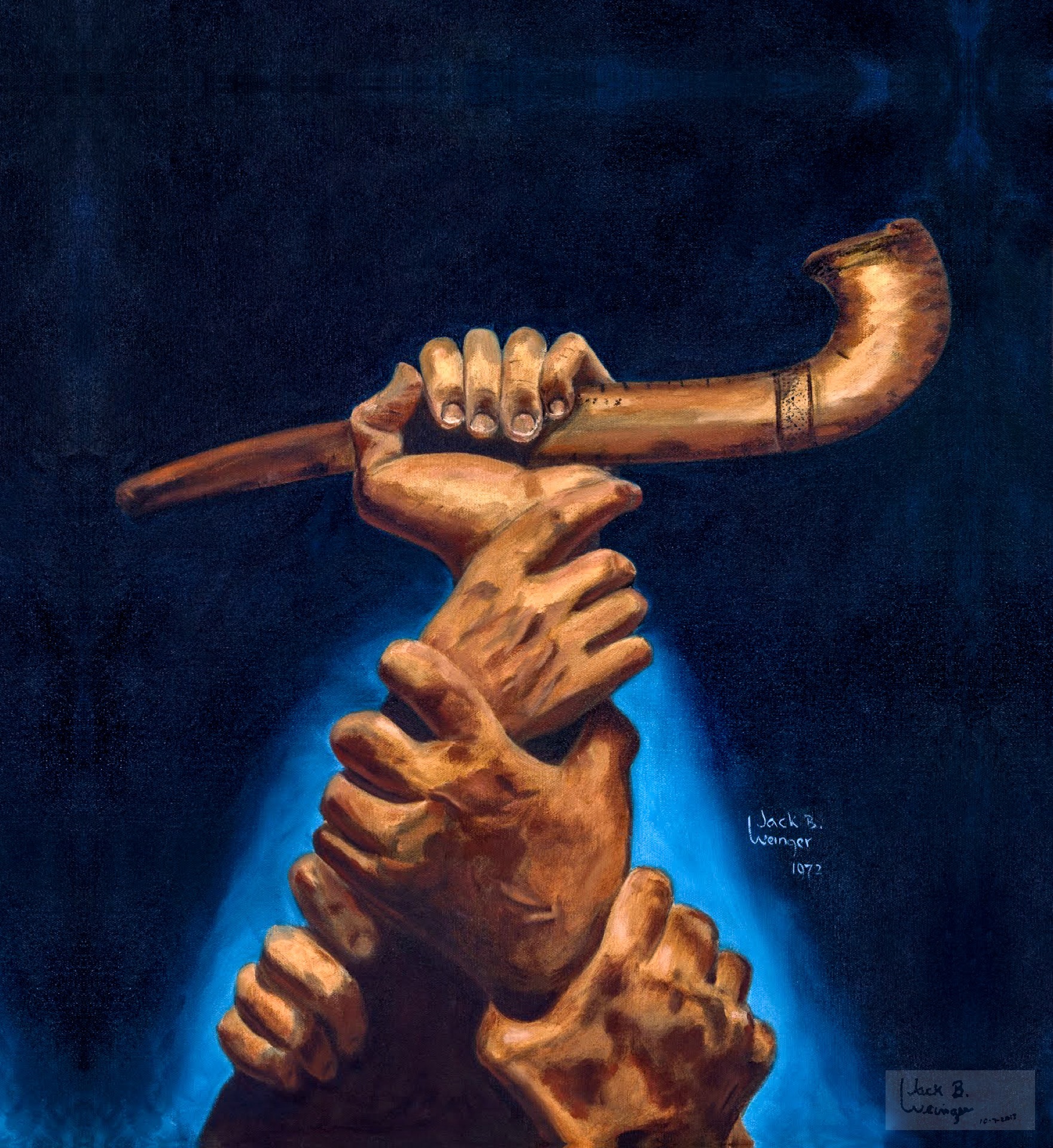 The Great Shofar — oil painting by Jack B. Weinger, 1972, the artist's signature visible, intertwined hands lifting a shofar from smoke toward the sky