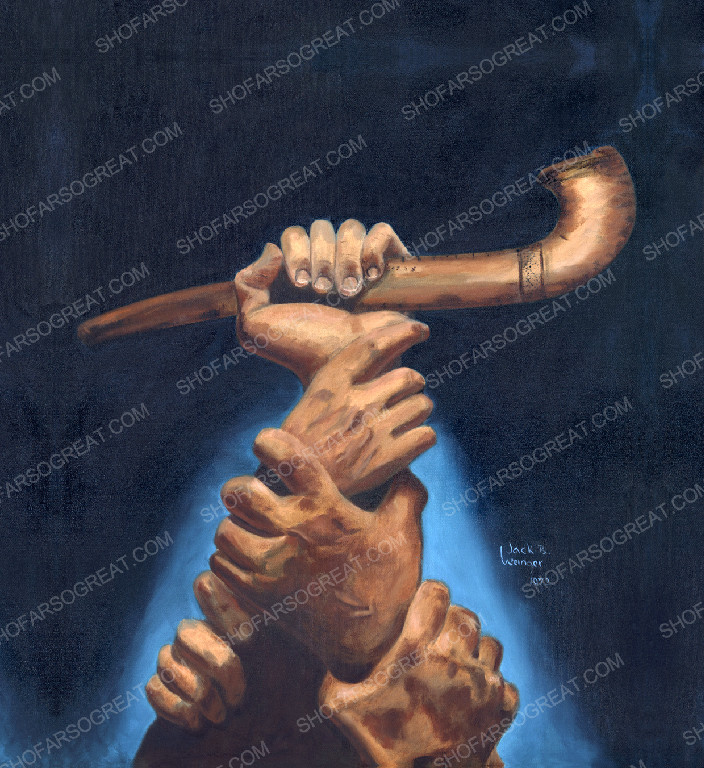 The Great Shofar oil painting by Jack B. Weinger, circa 1972, depicting hands lifting a shofar from smoke